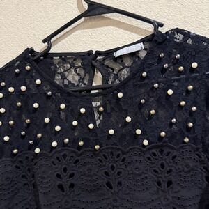 Pink Fly Black Lace Pearl Embellished Cap Sleeve Top Blouse Size L